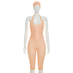 Viviblook C26ST206 Ensemble 3 Pièces Sexy pour Femme : Débardeur Halter Rayé Rétro Sans Manches, Pantalon Court et Bandeau – Idéal Été - Product Image 1