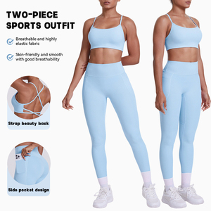 Ensemble 2 pièces sexy pour le sport : pantalon respirant teint en pièce avec poches et haut de sport à bretelles croisées pour la course, le fitness et le yoga - Product Image 2