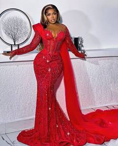Robe de <span class=keywords><strong>soirée</strong></span> sirène de <span class=keywords><strong>haute</strong></span> <span class=keywords><strong>couture</strong></span> S3722L, col en V, manches longues, rouge vin, col en V, diamants, pour fiançailles, banquets, soirées - Product Image 3