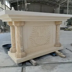 Table d'autel d'église en marbre naturel sculptée à la main avec relief de l'Agneau de Dieu, pour la chapelle catholique chrétienne - Product Image 2