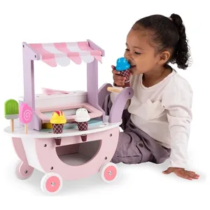 Hot Selling Wooden Supermarket Food Cart Play Set With Accessories For Pretend Play Ice Cream Trolley