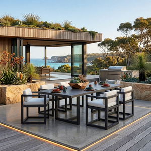 Set da Pranzo <span class=keywords><strong>per</strong></span> Esterni in Teak Birmano Premium, Tavolo e Sedie da Giardino con Telaio in Alluminio su Misura, Arredamento di Lusso <span class=keywords><strong>per</strong></span> Patio <span class=keywords><strong>per</strong></span> l'Australia - Product Image 2