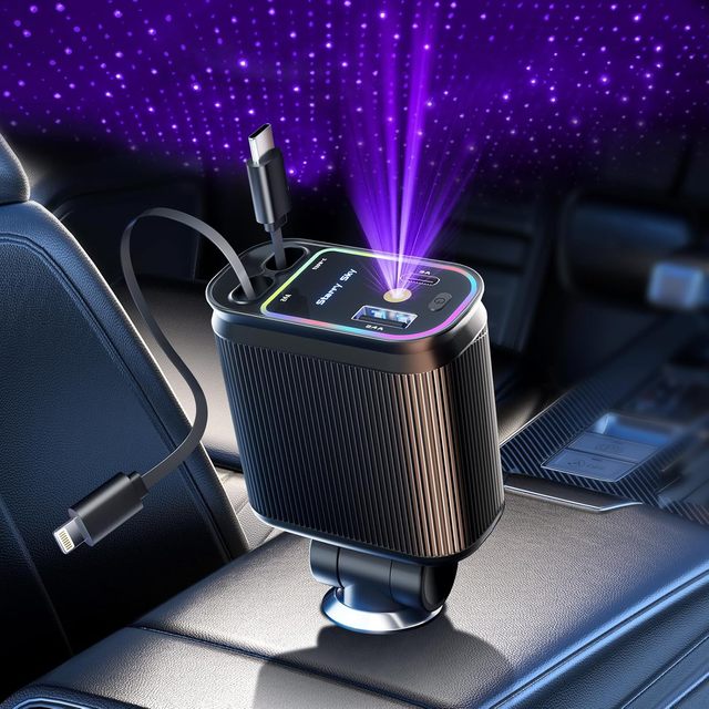 New 120W Car Charger with Purple Starry Sky Ambient Light, Super Fast Charging, Built in Retractable Cable Car Charger
