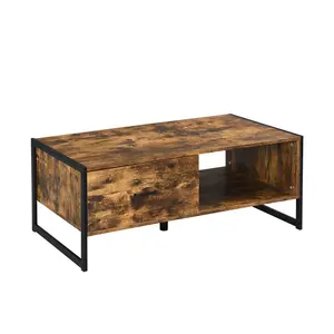 Tavolino rettangolare in legno marrone rustico con gambe in metallo nero