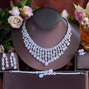 الفضة مطلي مكعب زركونيا النيجيري الزفاف لونغ ليف مجوهرات شرابة مجموعة حلقة قلادة أقراط سوار للعرائس - Product Image 1