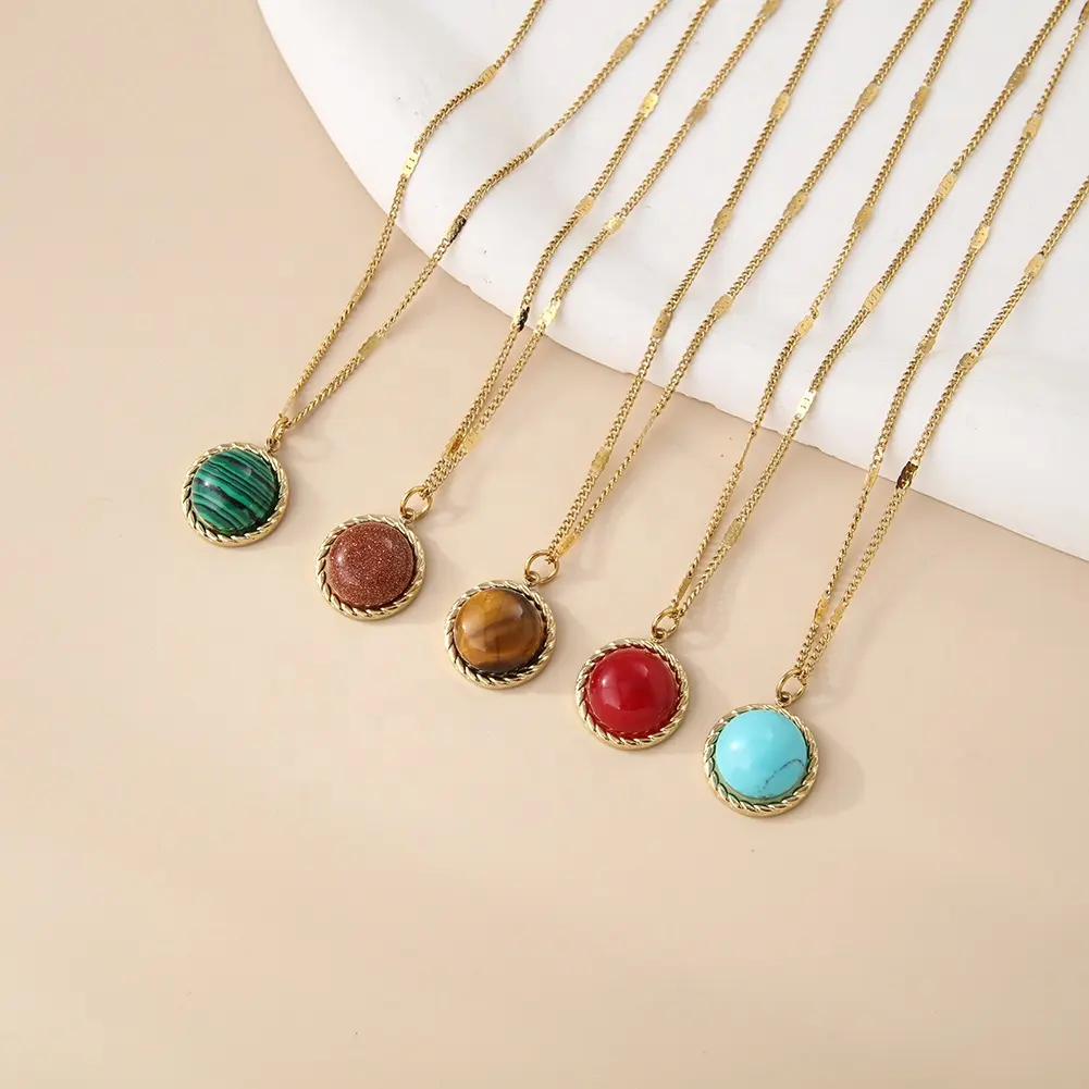 Hot Sale Natural Gemstone Crystal Necklace stainless steel Chain agate Stone turquoise Charm Necklaces