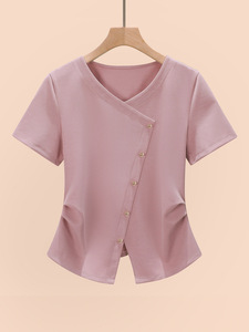 เสื้อยืดแขนสั้นทรงไหล่ตก คอวีไขว้ สีพื้น ชายเสื้อไม่สมมาตร แฟชั่นสำหรับผู้หญิง - Product Image 6