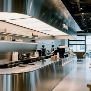 Comptoir de réception d'hôtel en acier inoxydable poli en forme de L moderne en gros pour café, centre commercial, écologique, personnalisable - Product Image 2