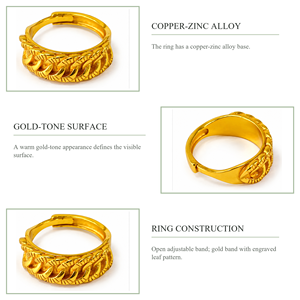 Iris Gold Plated <b>Ring</b> With Engraved Leaf Pattern Classic Plain Band Unisex Daily Wear Jewelry - Product Image 3