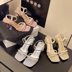 Nouvelles sandales d'été 888 à talons hauts et bouton unique, ornées de perles, style européen et américain, polyvalentes pour femme - Product Image 4