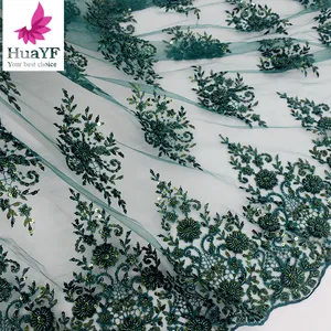 HY2495 African Heavy 3D Applique Perlen Blumenmuster Abendkleid Spitzens toff Smaragdgrün Großhandel Netz Spitze Mit Pailletten 2024 - Product Image 2