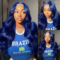 Wig rambut manusia Brasil warna biru kustom untuk wanita penutup renda prepped dengan gaya gelombang dalam lurus 13x4 Wig depan renda