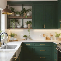 Ensemble d'armoires de cuisine vert foncé mat avec porte en verre et poignées dorées, éclairage LED intégré inclus