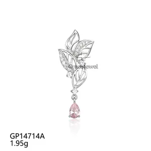 Grace Jewelry Custom Cute Pink Pear Shape Ruby Gemstone White Zircon Leaf Shape Jewelry Sterling Silver Pendant Charms