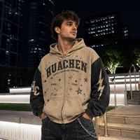 Sweat à capuche zippé personnalisé en molleton 380 GSM pour homme, 100 % coton, délavé à l'acide, impression DTG, strass, coupe oversize, style streetwear vintage, marque privée OEM