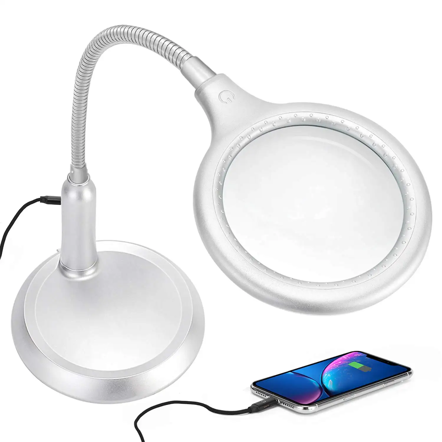 Rechargeable Magnifying Lamp 5X Dimmable Hands Free Magnifying Glass with Light and Stand for Jewelry Sewing Workbench