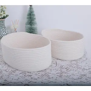 Corde de coton tissé panier de rangement de bureau table collation blanc jouet cuisine salle de bain panier de rangement en tissu avec poignées