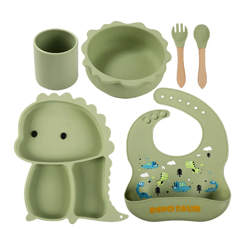 Custom Baby Dishes 6PCS Toddler Plate Set BPA Free Baby Tableware Cartoon Dinosaur Plate Bib Bowl Silicone Baby Dinner Set