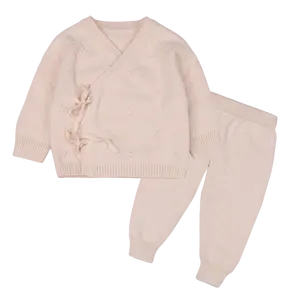 Factory Custom Infant Boy Girl Kimono Sweater Cardigan 100% Cotton Knitted Baby Clothing Set