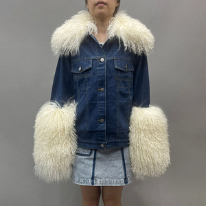 Nuovi in arrivo morbidi polsini con collo in pelliccia Mongolia da donna Chic giacca in Denim blu con pelliccia - Product Image 1