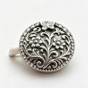Épinglette circulaire en alliage de zinc plaqué argent avec motif floral en relief et bordure en cristal, objet de collection artistique - Product Image 3