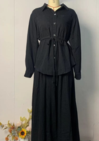 R-840 Élégante Abaya musulmane modeste en polyester, ensemble jupe évasée ample à manches longues et boutonnage simple – Décontracté Hiver Femme Adulte