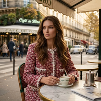 Manteau en tweed pour femme avec col côtelé rouge, bordure à volants blancs, manteau élégant pour femme