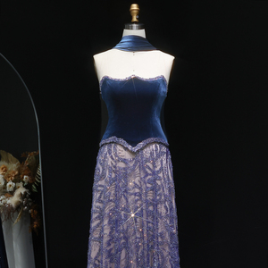 <span class=keywords><strong>Vestido</strong></span> de Noche de <span class=keywords><strong>Dos</strong></span> <span class=keywords><strong>Piezas</strong></span> de Terciopelo Azul con Cuentas de Lujo Sharon Said SS793 con Pañuelo, <span class=keywords><strong>Vestido</strong></span> de Fiesta para Invitadas de Boda Árabe, Sin Stock - Product Image 3