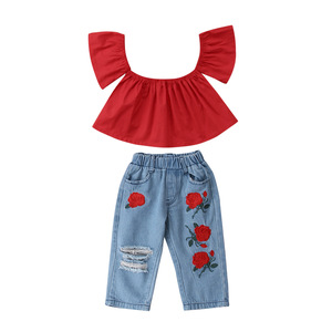 Ensemble de vêtements pour bébés filles : Legging en jean avec fleurs pour les fêtes - Vente en gros - Product Image 1