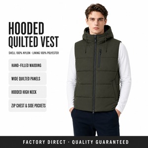 Blouson matelassé sans manches à capuche pour homme, fermeture éclair intégrale, poche poitrine, chauffe-mains, poches latérales, extérieur en nylon olive, vêtement d'extérieur pour superposition - Product Image 1