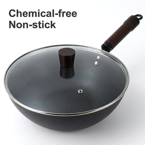 Wok en fonte pré-saison avec traitement de nitruration, sans produits chimiques, antiadhésif, pour sautés, avec couvercle - Product Image 1