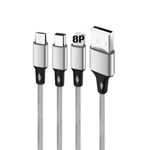 通用手机电缆微型Usb 1.2M 3合1尼龙编织快速充电线，适用于苹果安卓充电器