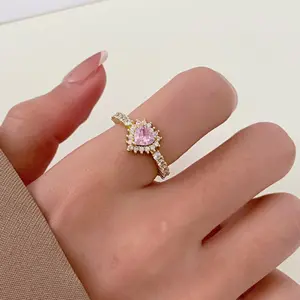 Sweet pink diamond heart shaped ring for women's fashionable metal geometric index finger women finger ring