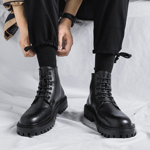 Bottes en cuir les plus vendues, bottes montantes pour hommes, style britannique printemps-automne, chaussures en cuir mi-montantes rétro, bottes noires rehaussantes - Product Image 5
