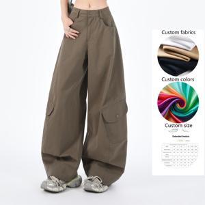 Pantaloni <span class=keywords><strong>Cargo</strong></span> da <span class=keywords><strong>donna</strong></span> con stile retrò americano Ultra-sottile a vita alta Multi-tasca ampia a gamba larga - Product Image 2