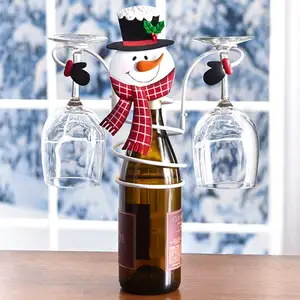 Soporte para botella de vino y vaso de muñeco de nieve para vacaciones, 1 botella de vino y <span class=keywords><strong>2</strong></span> vasos para Navidad, decoración del hogar, estante de almacenamiento de cocina, Bar - Product Image 1