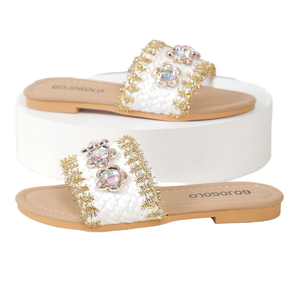 Entry lux Elegance Zomermode Meisjes Platte Slippers Gouden Ruwe Rand Glinsterende Massieve Kristallen Bloem Design Kinderslipper - Product Image 1