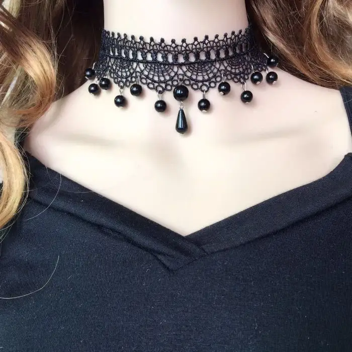 Kalung beludru hitam choker set klasik tato Gotik renda choker court gothic Kristal renda kalung choker rantai klavikula