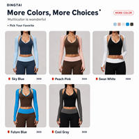 Ensemble de fitness 3 pièces pour femme : haut à manches longues à trou pour le pouce, col halter et col en V, color block, legging taille haute effet ventre plat, séchage rapide