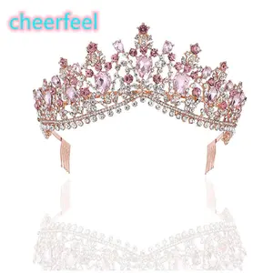 Cheerfeel-corona y tiara de miss world, Corona y tiara rosa para novia con diamantes de imitación para boda HP-400