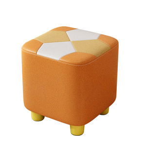 Orange <strong>Patchwork</strong> Square Ottoman, PU Leather Cube <strong>Footstool</strong>, Kids Upholstered Stool with Wooden Legs for Nursery &amp; Living Room - Product Image 5