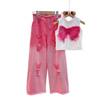 Conjunto de Ropa de Moda de Verano para Niñas 2025, 2 Piezas, Top Casual sin Mangas de Jean Rasgado y Pantalones Vaqueros Holgados para 3-12 Años