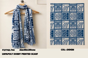 Blue <b>White</b> Floral Geometric Dobby Printed Poly Scarf Shawl Tassel Edge Lightweight <b>Wrap</b> for Travel Gift - Product Image 1