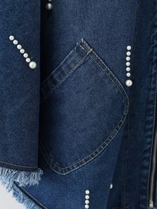 Embellished <b>Loose</b> Denim Coat | Women's Casual Cloak-Style Jacket Zipper Non-Stretch Fabric Solid Color Spring/Fall Season - Product Image 6