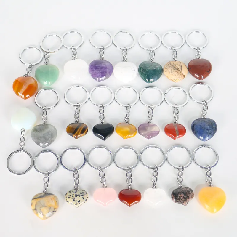 Wholesale Rose Quartz Dream Amethyst Heart Shape Crystal Stone Key Chain Stone Charm Pendants Keychains