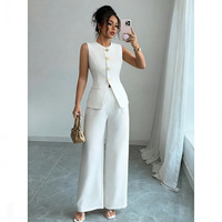 Nouvel ensemble deux pièces pour femme : gilet blazer sans manches et pantalon taille haute à jambes larges – Tenue de bureau élégante pour l'été en polyester