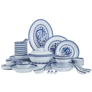 Blue And White Linglong Porcelain Household Gift 56 Pieces Underglaze Bowl And Plate Ceramic Tableware Set