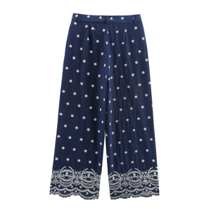 <span class=keywords><strong>Pantaloni</strong></span> Casual alla Moda per <span class=keywords><strong>Donna</strong></span>, <span class=keywords><strong>Blu</strong></span> <span class=keywords><strong>Scuro</strong></span> con Ricamo a Occhielli, Chiusura con Cerniera, Gamba Larga, Lunghezza alla Caviglia - Product Image 2