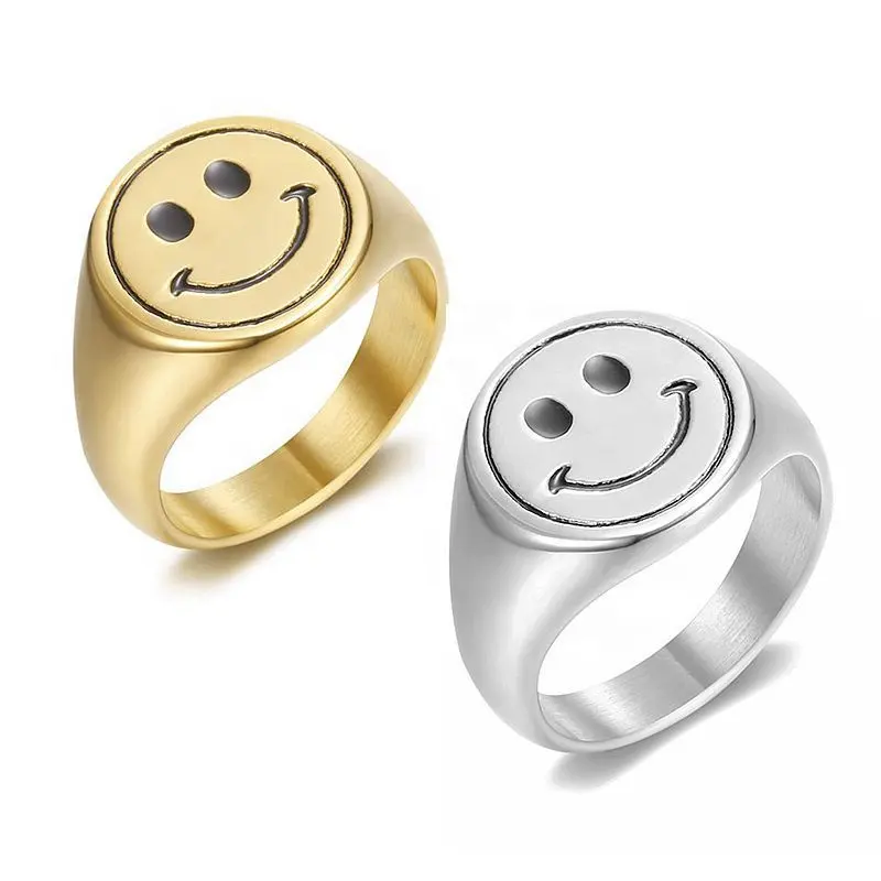Hete Verkoop Roestvrij Staal Zilver Goud Gepersonaliseerde Hiphop Smile Face Paar Ring Voor Mannen Vrouwen