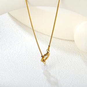 Collier en acier inoxydable plaqué or 18 carats, inaltérable, avec pendentif en forme de Y, perle et pompon, chaîne, breloque, bijoux étanches pour femme - Product Image 3